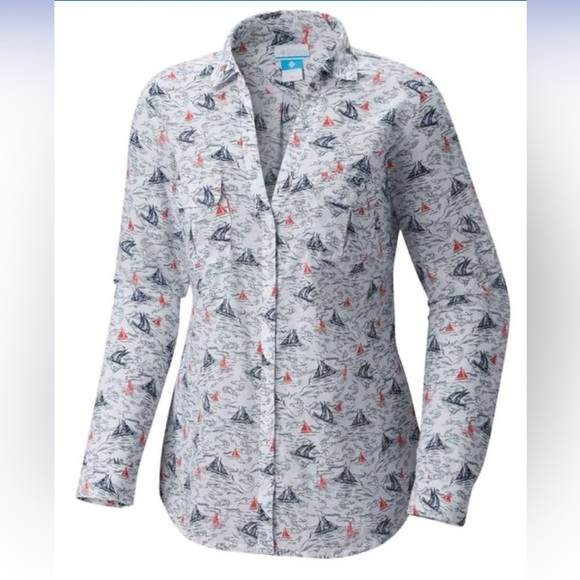 Columbia Tops - Columbia Women's Button Down Shirt - White with Red and Blue Print